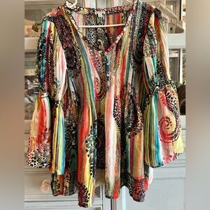 Spense Multicolor Striped Paisley V-Neck Tunic with Bell Sleeves